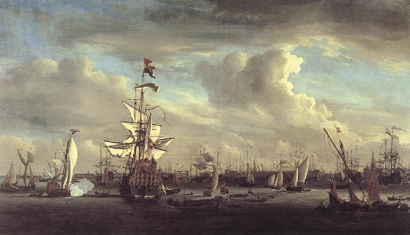 VELDE, Willem van de, the Younger The Gouden Leeuw before Amsterdam t Germany oil painting art